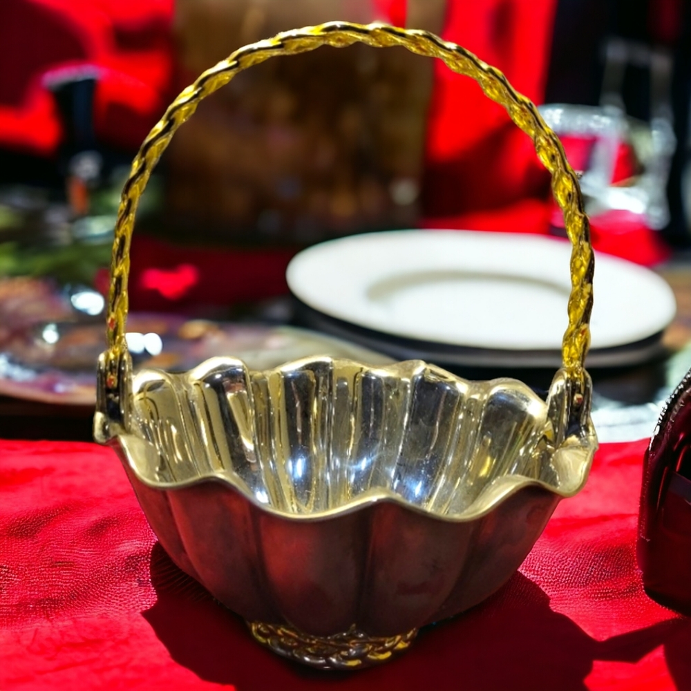 Vtg INC Silver Plated Wedding Basket w/Gold Tone Brass Braided Handle